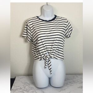 Womens Heart Hips Crop Top T-Shirt Juniors L Black Cream Striped Waist T…​